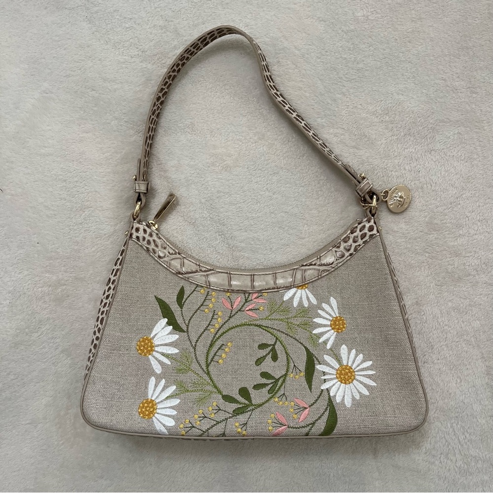 Brahmin Esme Meadowlands Floral Embroidered Snake Embossed Leather Shoulder Bag